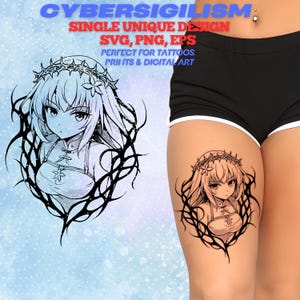 May include: An anime-style illustration of a female character with long hair and a floral crown, surrounded by a black, thorny design. The image includes the text "CYBERSIGILISM: SINGLE UNIQUE DESIGN SVG, PNG, EPS PERFECT FOR TATTOOS PRINTS & DIGITAL ART."