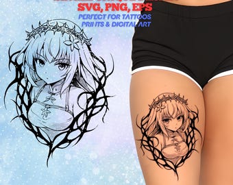 Cybersigilism Tattoo Design: Sad Anime Girl Illustration (SVG, PNG, EPS)