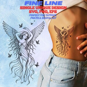 Op de afbeelding: Een digitaal ontwerp van een gevleugelde vrouw met vlinders, beschikbaar in SVG-, PNG- en EPS-formaten. Perfect voor tatoeages, prints en digitale kunst. De tekst "FINE LINE SINGLE UNIQUE DESIGN" staat bovenaan.