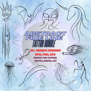 Abstract Fine Line Tattoo Bundle – 50+ Black Outline Designs (SVG|PNG|EPS) | Minimalist Animal, Bugs, Folklor, Mythical, Sea Life Stencils