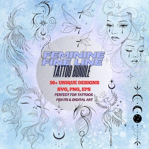 Feminine Fine Line Tattoo Bundle – 50+ Outline Designs (SVG|PNG|EPS) | Minimalistische Blumen, Phoenix, Drache, Schmetterling, Celestial, Handgelenk...