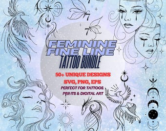 Fine Line Tattoo Designs: Floral, Phoenix, Celestial (SVG, PNG, EPS) Digital Download