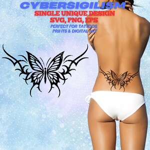 Puede incluir: Diseño de tatuaje de mariposa negra con detalles tribales. La imagen incluye el texto "CYBERSIGILISM SINGLE UNIQUE DESIGN SVG, PNG, EPS PERFECT FOR TATTOOS PRINTS & DIGITAL ART". Adecuado para tatuajes y arte digital.