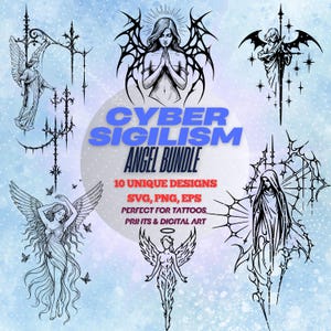 Cybersigilism Angel Bundle | 10 Unique Angel Designs (SVG|PNG|EPS) | NeoTribal Tattoo | Cybergoth, Tribal, Occult, Abstract, Digital Stamps