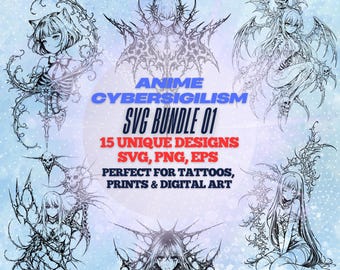 Anime Cybersigilism SVG Bundle 01 | Futuristic Tattoo Flash | 15 Unique Designs (svg png eps)