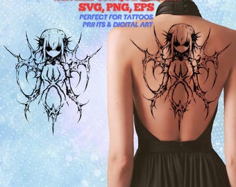 Cybersigilism Tattoo Design: Haunted Anime Girl Back Flash (SVG, PNG, EPS)