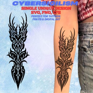 May include: A black tribal tattoo design with intricate patterns, displayed on an arm and as a digital graphic. The design is described as a single, unique design, perfect for tattoos, prints, and digital art. The image also includes the text "CYBERSIGILISM".