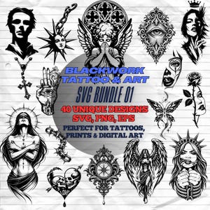 Può includere: Una collezione di disegni di tatuaggi in bianco e nero, tra cui ali d'angelo, un cuore con teschi e una donna con una benda sugli occhi. Il testo recita "BLACKWORK TATTOO & ART SVG BUNDLE 01" con "40 UNIQUE DESIGNS" e "PERFECT FOR TATTOOS, PRINTS & DIGITAL ART."