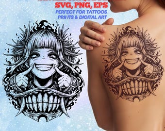 Anime Tattoo Design: Maniacal Anime Girl Illustration (SVG, PNG, EPS)