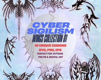 Cybersigilism Wings: 50 Neo-Tribal Tattoo Designs (SVG, PNG, EPS)