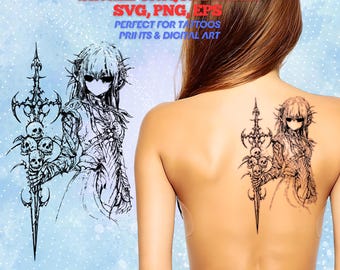 Cybersigilism Tattoo Design: Anime Girl Sketch With Mechanical Armor (SVG, PNG, EPS)