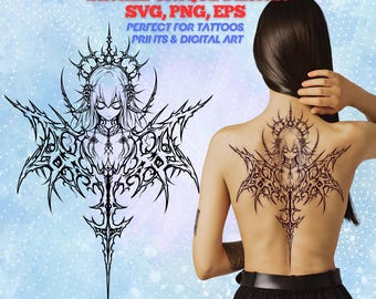Anime Tattoo Design: Serene Anime Girl Line Art Illustration (SVG, PNG, EPS)