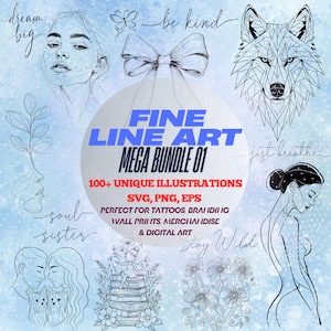 Fine Line Art Mega Bundle – 100+ schwarze Outline Designs (SVG|PNG|EPS) | Minimalistisch Blumen, Gesichter, Tiere, Zitate | Fineline Tattoo Blitz
