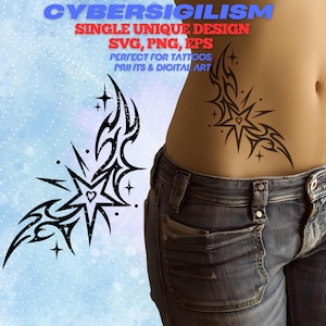 May include: Black tribal tattoo design featuring a starburst with a heart in the center, and a matching design on the left. The image includes the text "CYBERSIGILISM SINGLE UNIQUE DESIGN SVG, PNG, EPS PERFECT FOR TATTOOS PRINTS & DIGITAL ART".