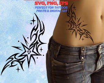Cybersigilism Tattoo Design: Tribal Blackline Star with Heart and Flowing Patterns Stencil (SVG, PNG, EPS)