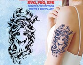 Anime Tattoo Design: Intricate Sleeve Flash Of Serene Girl With Snakes (SVG, PNG, EPS)