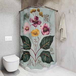 Botanical Shower Curtain | Floral Bath Curtain | Boho Decor | Vintage Shower Curtain | Green Shower Curtain | Coral Pink | Tropical Leaf