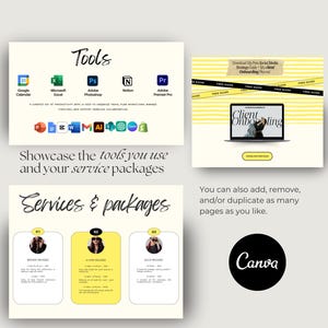 May include: A digital marketing presentation with the title "Tools" and "Services & Packages." The presentation includes icons for productivity apps, a laptop screen with the words "Client Onboarding," and a Canva logo.