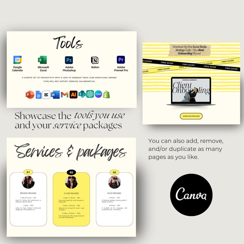 May include: A digital marketing presentation with the title "Tools" and "Services & Packages." The presentation includes icons for productivity apps, a laptop screen with the words "Client Onboarding," and a Canva logo.