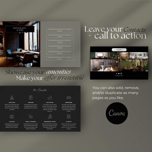 May include: A black and white graphic design template for showcasing amenities and a call to action. The template features icons for location, parking, bathroom, bedrooms, kitchen, family friendly, enhanced clean, and laundry. The text "Showcase your amenities Make your offer irresistible" is displayed at the top of the template. The text "The Amenities" is displayed in a larger font size at the top of the list of icons. The text "Leave your Contacts + call to action" is displayed in a larger font size at the top of the template. The text "You can also add, remove, and/or duplicate as many pages as you like." is displayed at the bottom of the template. The text "Canva" is displayed in a larger font size at the bottom of the template.