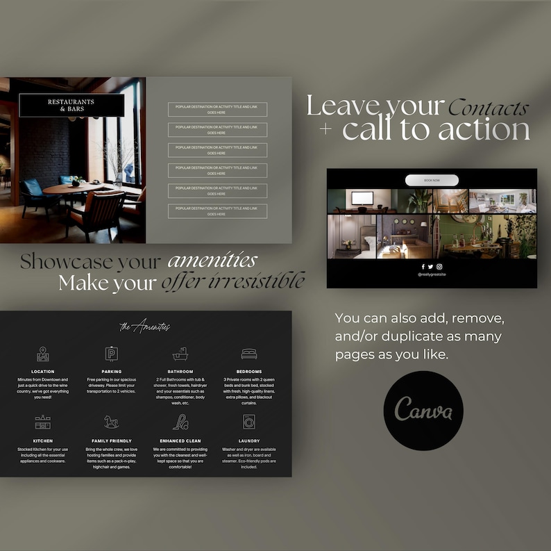 May include: A black and white graphic design template for showcasing amenities and a call to action. The template features icons for location, parking, bathroom, bedrooms, kitchen, family friendly, enhanced clean, and laundry. The text "Showcase your amenities Make your offer irresistible" is displayed at the top of the template. The text "The Amenities" is displayed in a larger font size at the top of the list of icons. The text "Leave your Contacts + call to action" is displayed in a larger font size at the top of the template. The text "You can also add, remove, and/or duplicate as many pages as you like." is displayed at the bottom of the template. The text "Canva" is displayed in a larger font size at the bottom of the template.