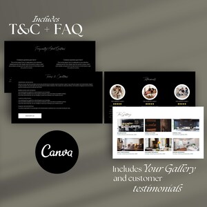May include: A black and white image showing a website design template for a business. The template includes sections for frequently asked questions, terms and conditions, testimonials, and a gallery. The text "Includes Your Gallery and customer testimonials" is displayed at the bottom of the image.