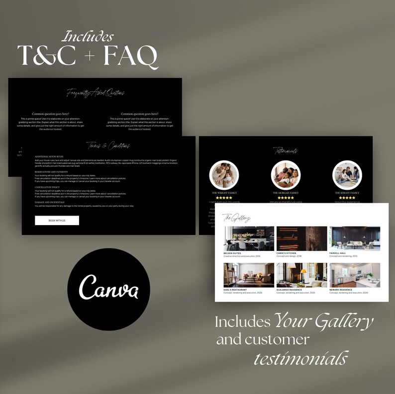 May include: A black and white image showing a website design template for a business. The template includes sections for frequently asked questions, terms and conditions, testimonials, and a gallery. The text "Includes Your Gallery and customer testimonials" is displayed at the bottom of the image.