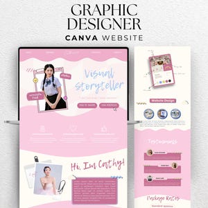 Może przedstawiać: Projekt strony internetowej grafika wyświetlany na tablecie i telefonie. Strona internetowa ma różowo-białą kolorystykę z tekstem "Graphic Designer" i "Canva Website". Strona internetowa zawiera tekst "Visual Storyteller" i "Hi, I'm Cathy!"