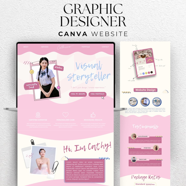 May include: A graphic designer's website design displayed on a tablet and a phone. The website features a pink and white colour scheme with the text "Graphic Designer" and "Canva Website". The website includes the text "Visual Storyteller" and "Hi, I'm Cathy!"
