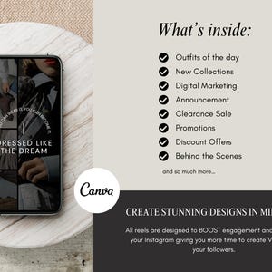 Puede incluir: Una maqueta de tel&eacute;fono inteligente con un collage de im&aacute;genes que muestran diferentes atuendos. El texto en la pantalla dice "#YOU CAN WEAR IT, YOU CAN BECOME IT. DRESSED LIKE THE DREAM". La imagen est&aacute; sobre un fondo marr&oacute;n claro con la palabra "Canva" en un c&iacute;rculo blanco.
