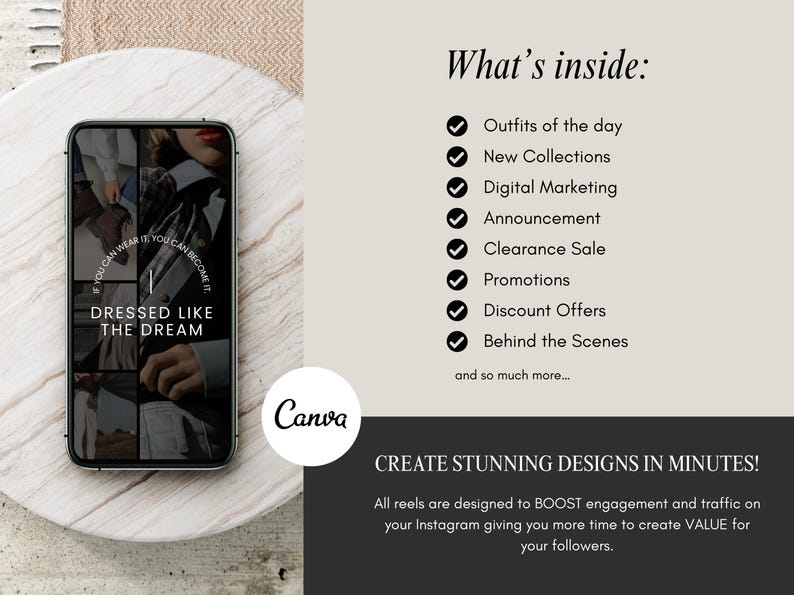 Puede incluir: Una maqueta de tel&eacute;fono inteligente con un collage de im&aacute;genes que muestran diferentes atuendos. El texto en la pantalla dice "#YOU CAN WEAR IT, YOU CAN BECOME IT. DRESSED LIKE THE DREAM". La imagen est&aacute; sobre un fondo marr&oacute;n claro con la palabra "Canva" en un c&iacute;rculo blanco.