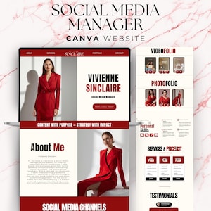 May include: A website design for a social media manager, featuring a red and white color scheme. The design includes the text "SOCIAL MEDIA MANAGER" and "CANVA WEBSITE". The website showcases a portfolio, services, and contact information.