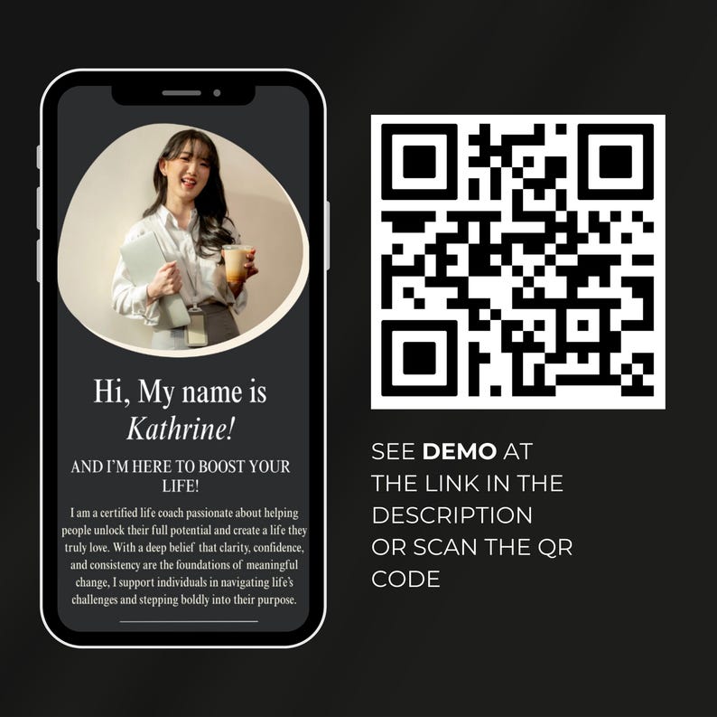 May include: A black and white QR code with the text "SEE DEMO AT THE LINK IN THE DESCRIPTION OR SCAN THE QR CODE" below it. The QR code is on a black background. The text is in white.