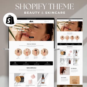 May include: A Shopify theme for beauty and skincare businesses. The website features a large image of a woman with the text "Beauty is in the Skin" and a call to action to "Check our Collection". The website also features a section for new arrivals and a section for the company's mission and vision.
