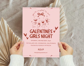 Galentines Party Hand Drawn Valentines Invitation, Valentines Day Party, Valentines Invite Cute Galentines GIrls Night Pink Valentines