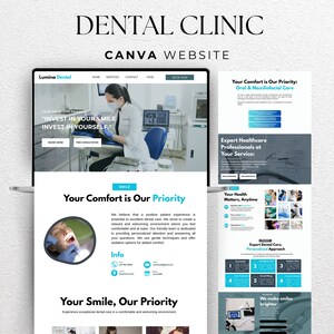 Może przedstawiać: Projekt strony internetowej dla kliniki dentystycznej, z tekstem "DENTAL CLINIC" i "CANVA WEBSITE". Projekt zawiera ekran laptopa wyświetlający stronę internetową z tekstem "INVEST IN YOUR SMILE INVEST IN YOURSELF".