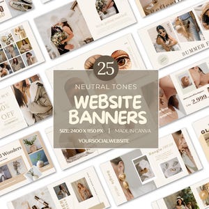 Puede incluir: Un conjunto de 25 banners para sitios web en tonos neutros, de tamaño 2400 x 1150 px, creados en Canva. Los banners presentan diversas imágenes y textos, incluyendo "Summer Fashion" y "Must Buy! 50% OFF".