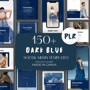 May include: A collection of 150+ dark blue social media templates for Canva. The templates feature a variety of designs, including images of people, text, and graphics. The templates are perfect for businesses and individuals who want to create professional-looking social media content.