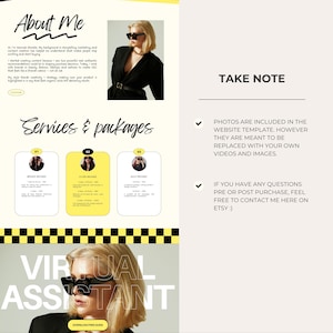 May include: A digital marketing website template with the text "About Me" and "Services & Packages." The template includes photos and a section titled "Take Note" with information about replacing the photos and contacting the seller.