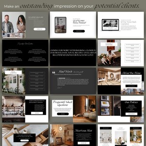 May include: A website landing page with a black and white design. The page features images of a home interior, a couple, and a host. The text on the page includes "Make an outstanding impression on your potential clients." "Get My FREE Home Manual" "60 Day Money Back Guarantee" "Looking for more? After booking, closer to our travel date, you'll receive a full list of recommendations for places we love!" "Kind Words" "Frequently Asked Questions" "Meet Your Host" "About The Home" "Our Policies"