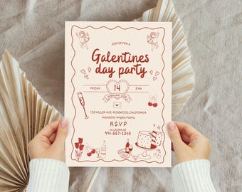Galentines Party Hand Drawn Valentines Invitation, Valentines Invite Cute Galentines GIrls Night Valentines, Printable, Valentines Day Party