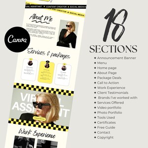 May include: A digital marketing services presentation with a black and white Canva logo. The design features a woman in sunglasses, the text "VIRTUAL ASSISTANT", and a list of 18 sections, including "About Me" and "Work Experience."
