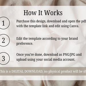 Puede incluir: Un fondo blanco con un texto superpuesto que dice "C&oacute;mo funciona" y tres pasos numerados. Paso 1: Compra este dise&ntilde;o, descarga y abre el PDF con el enlace de la plantilla y edita usando Canva. Paso 2: Edita la plantilla de acuerdo con las preferencias de tu marca. Paso 3: Una vez que hayas terminado, descarga como PNG/JPG y sube a tu cuenta de redes sociales. AVISO: Esta es una DESCARGA DIGITAL, no se enviar&aacute; ning&uacute;n producto f&iacute;sico.