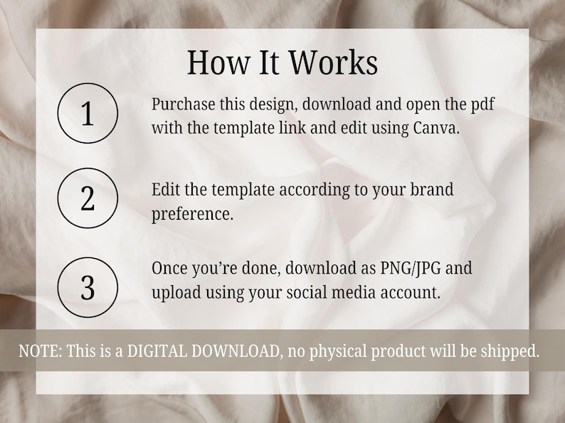 Puede incluir: Un fondo blanco con un texto superpuesto que dice "C&oacute;mo funciona" y tres pasos numerados. Paso 1: Compra este dise&ntilde;o, descarga y abre el PDF con el enlace de la plantilla y edita usando Canva. Paso 2: Edita la plantilla de acuerdo con las preferencias de tu marca. Paso 3: Una vez que hayas terminado, descarga como PNG/JPG y sube a tu cuenta de redes sociales. AVISO: Esta es una DESCARGA DIGITAL, no se enviar&aacute; ning&uacute;n producto f&iacute;sico.