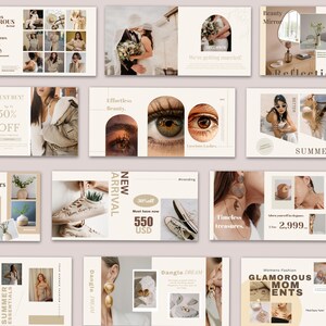 May include: A collection of promotional images with a beige and cream color scheme. The images feature text such as "Glamorous Beige-Morous", "Must Buy! 50% Off", and "Summer Fashion". Other images show a bride and groom, and close-ups of eyes.