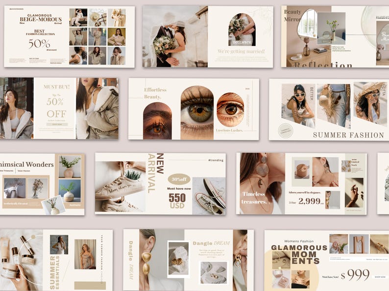 May include: A collection of promotional images with a beige and cream color scheme. The images feature text such as "Glamorous Beige-Morous", "Must Buy! 50% Off", and "Summer Fashion". Other images show a bride and groom, and close-ups of eyes.