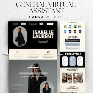 Può includere: Design del sito web per un'assistente virtuale, con il nome "Isabelle Laurent" in grassetto. Il design include sezioni per servizi, prezzi ed esempi di lavori di videografia e fotografia. Il sito web è progettato con Canva.