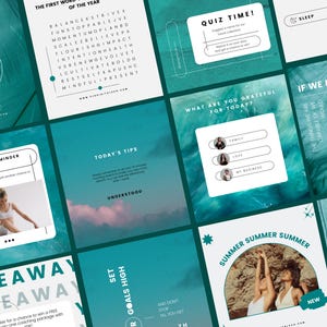 May include: A collage of nine teal and white Instagram posts with text and images. The posts include a word search puzzle, a quiz, a gratitude journal prompt, a motivational quote, a giveaway announcement, a tip for setting goals, a reminder to be present, a summer-themed image, and a list of tips for a successful summer.