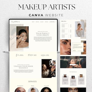 Puede incluir: Diseño de sitio web para maquilladores, con el texto "MAKEUP ARTISTS" y "CANVA WEBSITE". El sitio web presenta servicios, precios y testimonios. Las imágenes muestran la aplicación de maquillaje y los looks terminados. Se destaca la experiencia y el número de clientes.