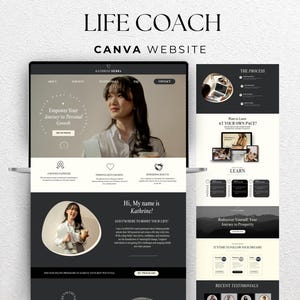 May include: A website mockup for a life coach named Kathrine Sierra. The website features a black and white color scheme with a modern design. The website includes sections for about, services, testimonials, FAQ, and contact. The website also includes a section for online programs to achieve your best potential.